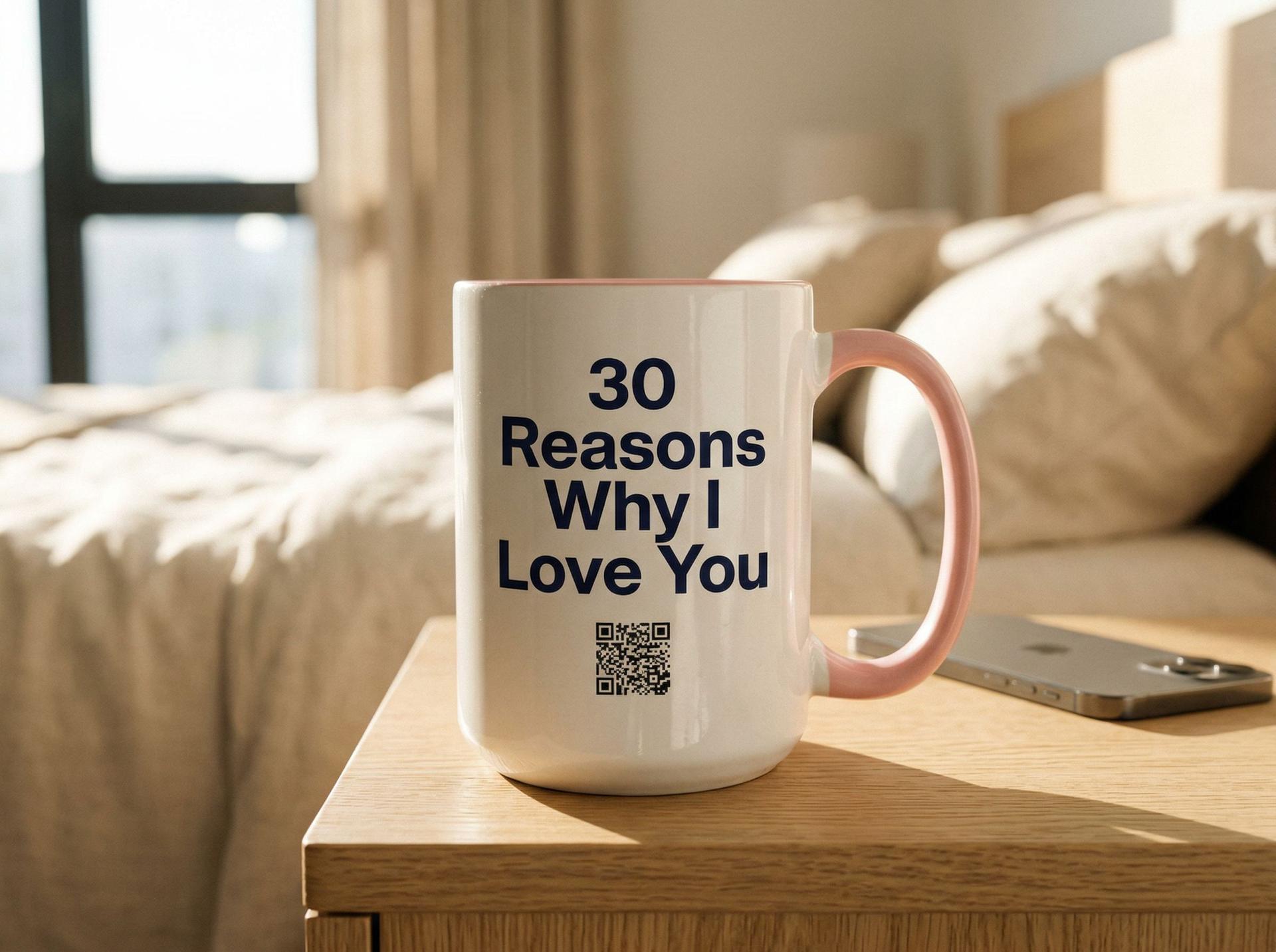 A white mug with a pink handle next to a smartphone on a sunlit bedside table