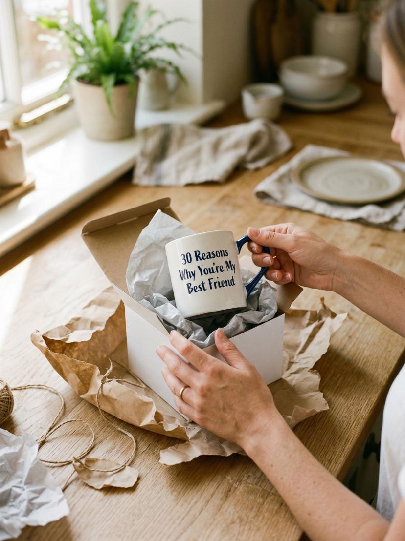 Hands unwrapping a gift box revealing a 30 Reasons Why mug